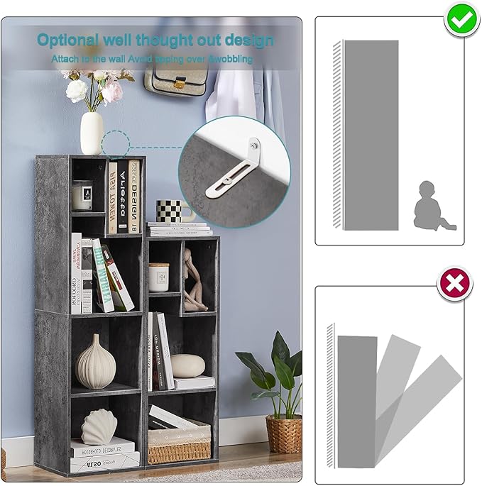 VECELO Small Bookshelf, 4 Cube Slim Bookcase, Fits Tallest Hardcovers, Horizontal Available, Modern Floor Standing Unit, Each Shelf Hold Up to 66 LBS, Modern Gray - LeafyLoom
