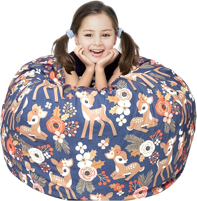 Stuffed Animal Storage Bean Bag Chair Cover, Hold Kids Plush Toys Blankets Towels Beanbag (Cover Only), Canvas Floor Circle Stuff Sit Seat Sofa with YKK Zipper, Extra Large 38", Fawn - LeafyLoom
