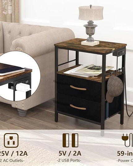 Nightstand with Charging Station, Side Table with Fabric Drawers and Open Shelf, Night Stand for Bedroom Decor, Bedside Table with USB Ports & Outlets (Rustic Brown,1) - LeafyLoom