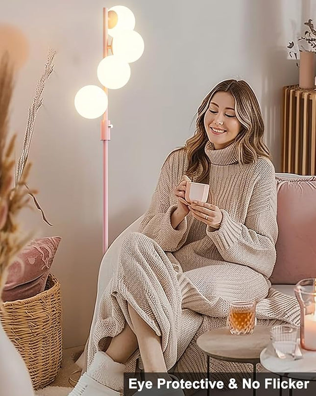64IN Dimmable Pink Floor Lamp, Tall Standing Lamps with 4 Globe Soft Warm White Eye Care 3000K G9 Bulbs, Mid Century Modern Floor Lamp for Bedroom Office - LeafyLoom