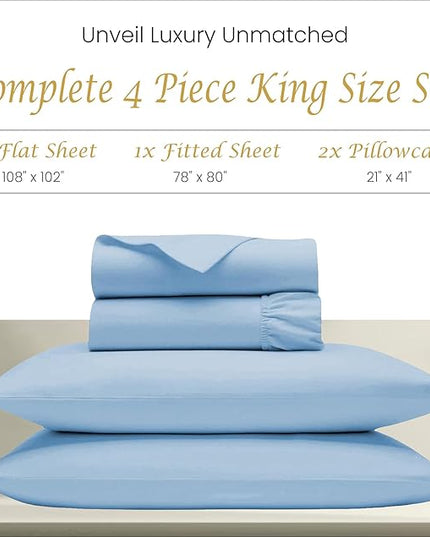 Egyptian Cotton Sheets Luxury 1000 Thread Count, Soft 100% Cotton Sheets for King Size Bed, 5-Star Hotel Quality, 4 Pc Sky Blue King Bed Sheets Set with Elasticized Deep Pocket King Sheets - LeafyLoom