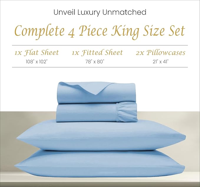 Egyptian Cotton Sheets Luxury 1000 Thread Count, Soft 100% Cotton Sheets for King Size Bed, 5-Star Hotel Quality, 4 Pc Sky Blue King Bed Sheets Set with Elasticized Deep Pocket King Sheets - LeafyLoom