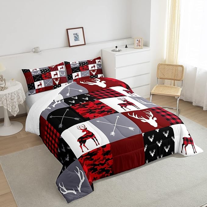 Boys Deer Antlers Silhouettes Comforter Set King Size,Geometric Plaids Patchwork Bedding Set 3pcs for Kids Teens Adults Girls Home Decor,Red Camouflage Christmas Xmas Down Comforter,Rustic Farmhouse - LeafyLoom