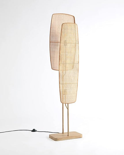 Amud - Floor Lamp, 2-Light with Bamboo Wicker Panels Wood Finish, Beige - LeafyLoom