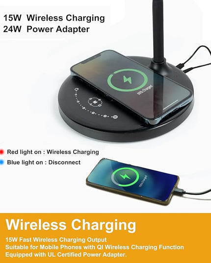 Desk Lamp with Wireless Charger, 12W 1000LM Touch Dimmable Reading Lamp with USB Charging Port, 5 Colors 6 Brightness Eye Care Bedside Table Lamp Gooseneck Desk Light for Home Office - LeafyLoom