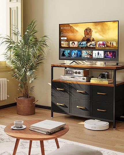 AODK TV Stand with Power Outlet, 40" Long TV Stand with 6 Large Fabric Drawers, Entertainment Center with Open Shelves for 55 Inch TV, Living Room, Black and Vintage - LeafyLoom