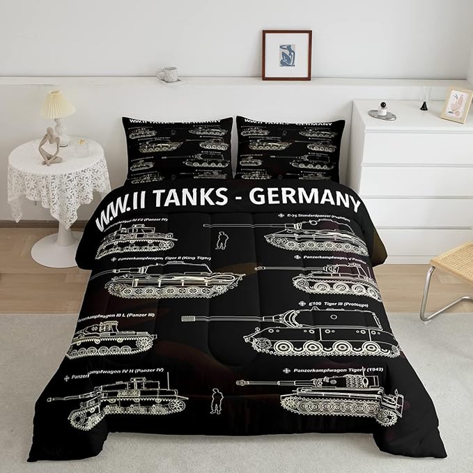 Tank Comforter Set Full, War Theme Bedding Set, Soldier Dirt Bike Camouflage Army Acting Down Comforter For Kid Boy Teen Men,Camo Vintage Style Quilt Set, Military Vehicle Duvet Set Room Decor - LeafyLoom
