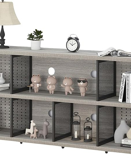 LVB Industrial 4 5 6 7 8 Cube Bookcase, Rustic Wood Metal Horizontal Bookshelf, Modern Wide Cube Organizer Storage Shelf, Large Long Low Book Shelf for Office Bedroom Living Room, Light Grey Oak 63 In - LeafyLoom