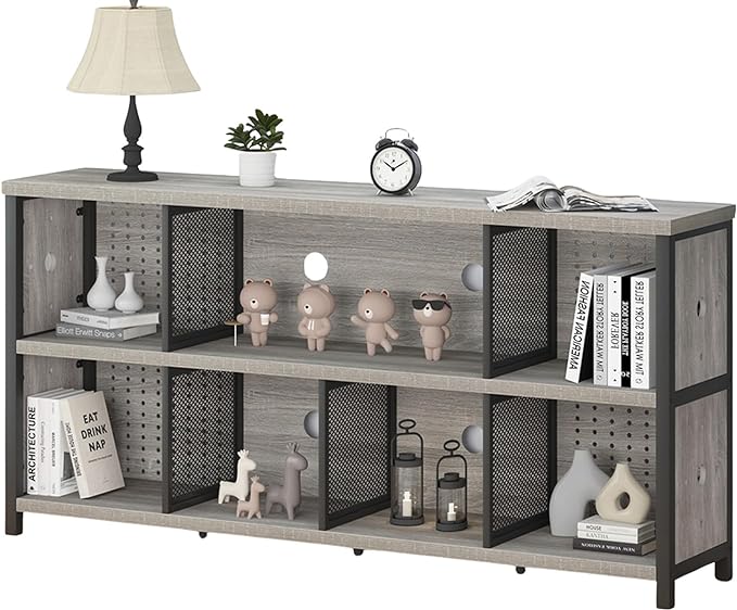 LVB Industrial 4 5 6 7 8 Cube Bookcase, Rustic Wood Metal Horizontal Bookshelf, Modern Wide Cube Organizer Storage Shelf, Large Long Low Book Shelf for Office Bedroom Living Room, Light Grey Oak 63 In - LeafyLoom