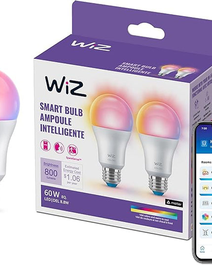 WiZ Connected 60W A19 LED Smart Light Bulbs - Connects to Your Wi-Fi - E26 Smart Bulb - Control with Voice or App + Activate with Motion - Matter Compatible - 2 Pack WiZConnectedLighting