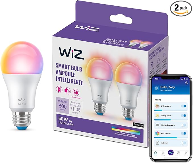 WiZ Connected 60W A19 LED Smart Light Bulbs - Connects to Your Wi-Fi - E26 Smart Bulb - Control with Voice or App + Activate with Motion - Matter Compatible - 2 Pack WiZConnectedLighting