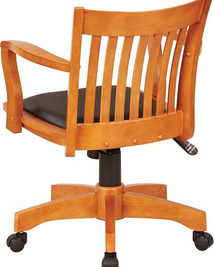 OSP Home Furnishings Deluxe Wood Banker's Desk Chair with Padded Seat, Adjustable Height and Locking Tilt, Fruitwood Finish and Black Vinyl - LeafyLoom
