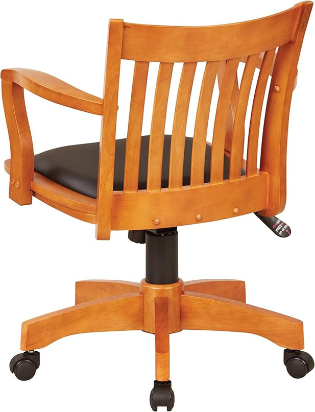 OSP Home Furnishings Deluxe Wood Banker's Desk Chair with Padded Seat, Adjustable Height and Locking Tilt, Fruitwood Finish and Black Vinyl - LeafyLoom
