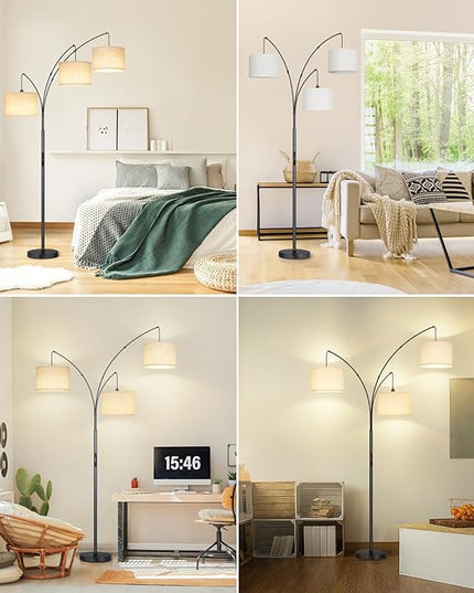 OUTON Arc LED Floor Lamp with Remote & Touch Control, Dimmable Modern Black 3 Light Arched Tall Floor Lamp, Mid Century Adjustable Standing Corner Lamps for Bedroom, Office, Living Room - LeafyLoom