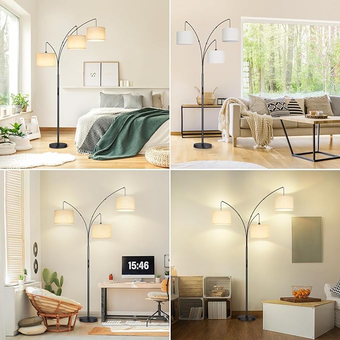 OUTON Arc LED Floor Lamp with Remote & Touch Control, Dimmable Modern Black 3 Light Arched Tall Floor Lamp, Mid Century Adjustable Standing Corner Lamps for Bedroom, Office, Living Room - LeafyLoom