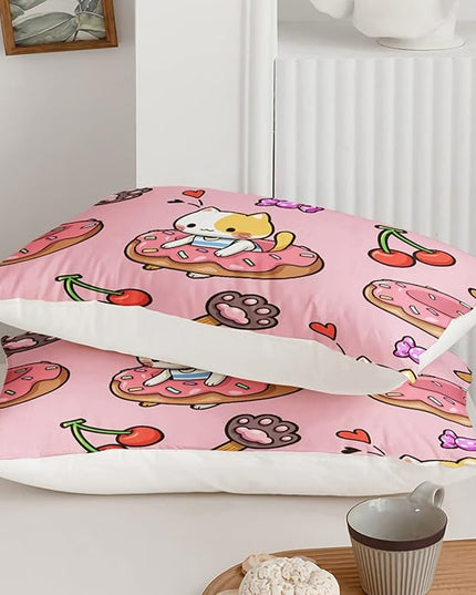 Kawaii Cat Comforter Full Size,Doughnut Cherry Cat Comforter Set for Kids Teens Girls,3Pcs Bedding Set Printed Comforter with 2 Pillowcases,Soft and Lightweight(Pink，Full Size) - LeafyLoom
