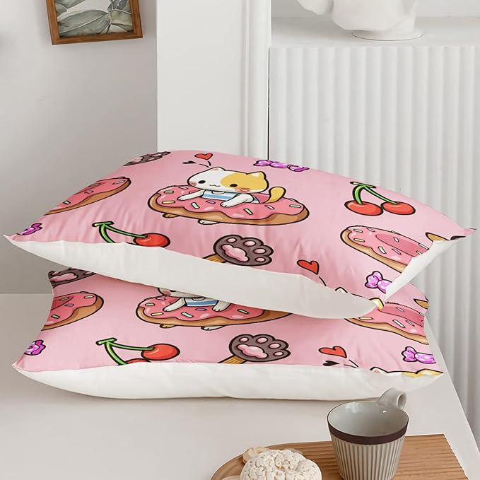Kawaii Cat Comforter Full Size,Doughnut Cherry Cat Comforter Set for Kids Teens Girls,3Pcs Bedding Set Printed Comforter with 2 Pillowcases,Soft and Lightweight(Pink，Full Size) - LeafyLoom