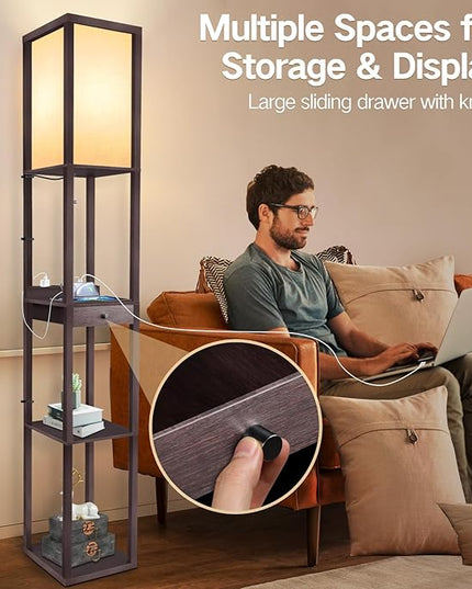 OUTON Deluxe Shelf Floor Lamp with 1 Drawer, 2 USB-C Ports, 2 AC Outlets, LED Modern Floor Lamp with 3 Color Temperature, Storage Display Wood Standing Lamp for Living Room, Bedroom, Office (Walnut) - LeafyLoom