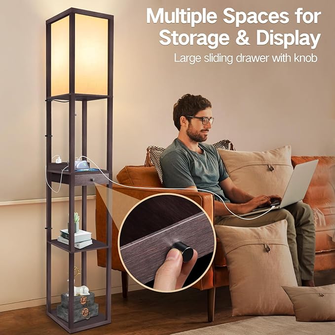 OUTON Deluxe Shelf Floor Lamp with 1 Drawer, 2 USB-C Ports, 2 AC Outlets, LED Modern Floor Lamp with 3 Color Temperature, Storage Display Wood Standing Lamp for Living Room, Bedroom, Office (Walnut) - LeafyLoom