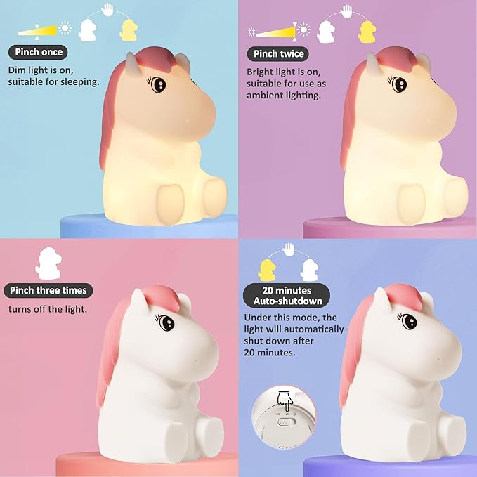 FULLOSUN Cute Pony Kids Night Light, Horse Gifts for Girl, Kawaii Pony Lamp Funny Valentines Birthday Gifts for Women Teenage Girls Boy Toddler - Portable Squishy Battery Operated - LeafyLoom