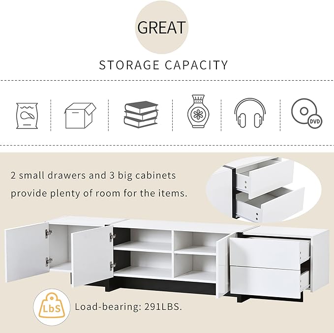 Merax Contemporary Rectangle Design TV Stand for Television Up to 80", Unique Style Console Table, Modern Storage Cabinet with High Gloss UV Surface for Living Room, 74.8" length, White - LeafyLoom