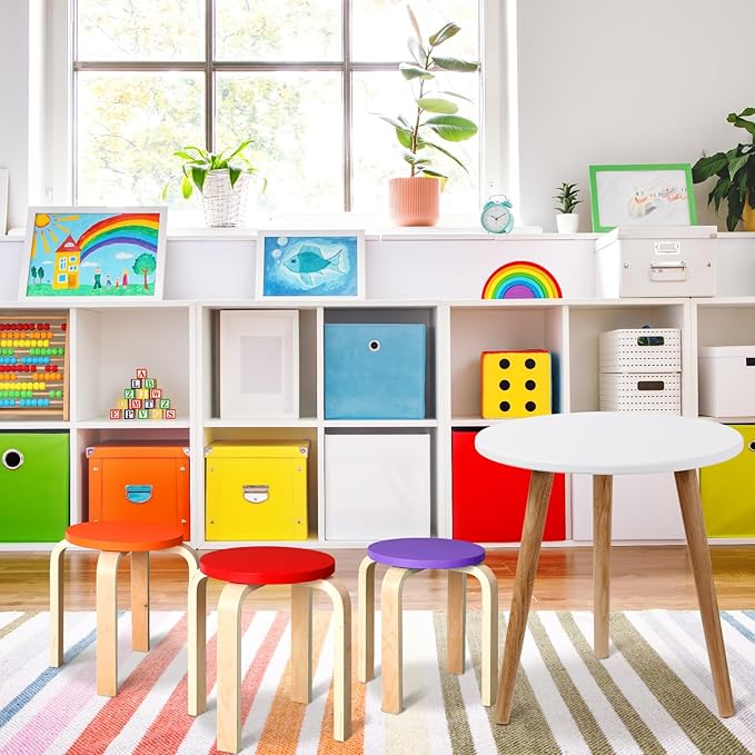 6 Pcs 12 Inch Bentwood Stacking Stool for Kids Colored Durable Round Nesting Stool Flexible Wood Stackable Stool Chairs for Playroom Daycare Home Classroom (Classic Color) - LeafyLoom