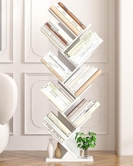 Function Home 9 Tier Tree Bookshelf, Modern Tall Geometric Bookcase, Freestanding Book Shelf, Wood Floor Storage Shelf for Living Room, Bedroom, Home Office,White - LeafyLoom