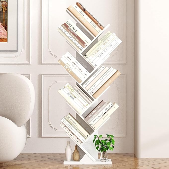 Function Home 9 Tier Tree Bookshelf, Modern Tall Geometric Bookcase, Freestanding Book Shelf, Wood Floor Storage Shelf for Living Room, Bedroom, Home Office,White - LeafyLoom