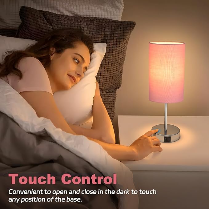 AKASUKI Table Lamp for Bedroom, 3 Way Dimmable Touch Lamp with Dual Charging Station, Small Bedside Lamps for Night Stands, Living Room, Office(LED Bulb Included) - LeafyLoom
