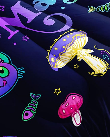 Datura home Mushroom Cat Kids Comforter Bedding Set for Boys Girls, Cartoon Mixed Color Mushroom and Cute Cat Fishbone Pattern Comforter with 2 Pillowcases(Mushroom Cat Full) - LeafyLoom