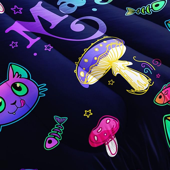 Datura home Mushroom Cat Kids Comforter Bedding Set for Boys Girls, Cartoon Mixed Color Mushroom and Cute Cat Fishbone Pattern Comforter with 2 Pillowcases(Mushroom Cat Queen) - LeafyLoom