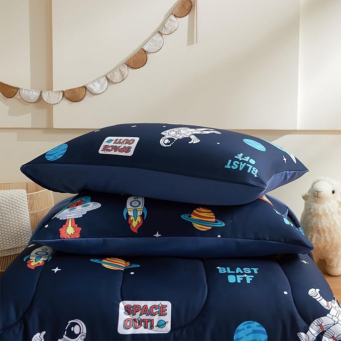 beeweed 5 Piece Kid Comforter Set Twin Size, Space Rocket & Astronaut Bedding Set for Teen Boys Girls - LeafyLoom