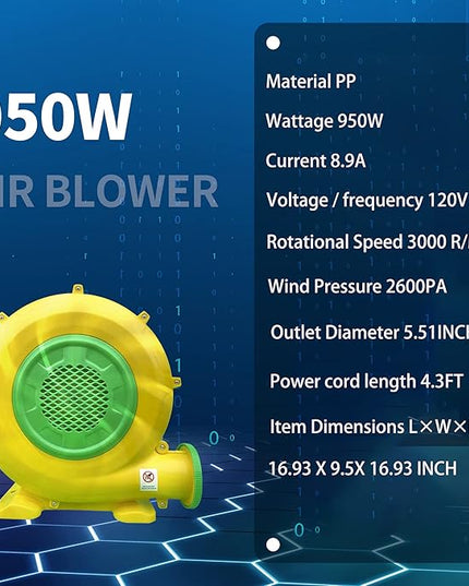 Air Blower 950 Watts with 4M Wire, 2600Pa Pump Fan Commercial Inflatable Bounce House Blower, Used for Inflatable Bouncy Castle and Jump Slides (950W,1.25HP) - LeafyLoom