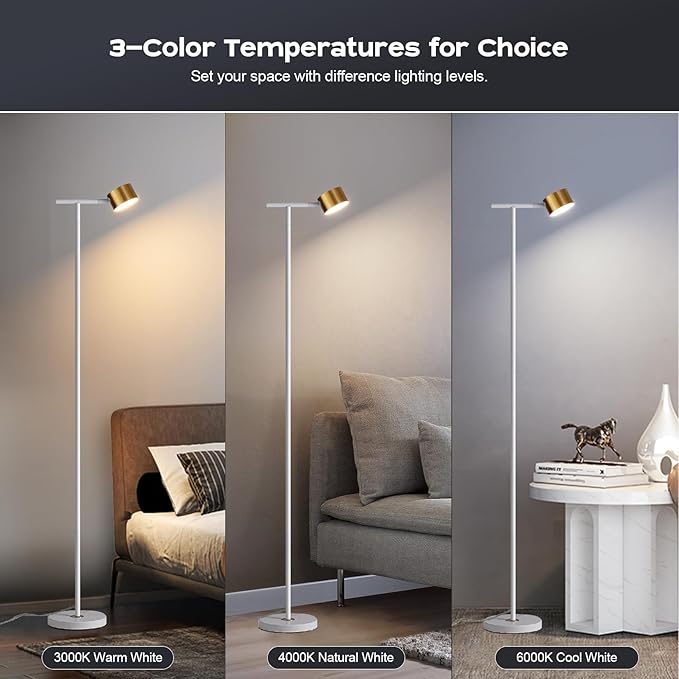 Floor Lamp for bedroom, 3 Color Temperatures Floor Reading Lamp with Flexible Lamp Cap, Modern Bedroom Floor Lamps for Living Room, Simple Design Standing Lamp for Office Working Study, White - LeafyLoom