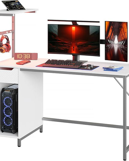 Bestier Gaming Desk with Drawer and LED Lights, 48 inch Computer Desk PC Table with Adjustable Storage Shelves & Hook for Home Office, Carbon Fiber White - LeafyLoom