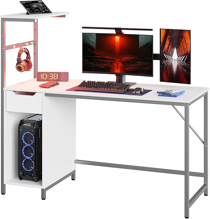 Bestier Gaming Desk with Drawer and LED Lights, 48 inch Computer Desk PC Table with Adjustable Storage Shelves & Hook for Home Office, Carbon Fiber White - LeafyLoom