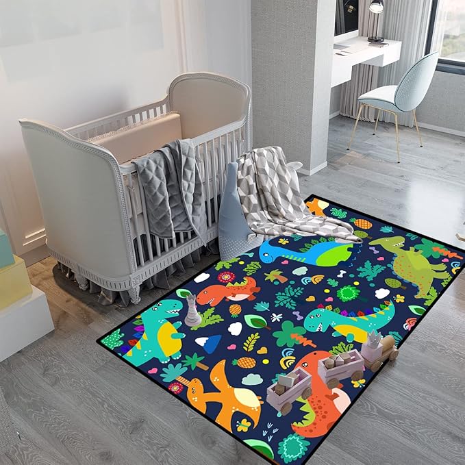 Dinosaur Rugs for Boys Bedroom Cute Dinosaur Area Rug and Leaves Print Dinosaur Rug Kids Rug Play Rug Dinosaur Carpets Cartoon Rug for Playroom Classroom,Blue 4'5''×6' - LeafyLoom