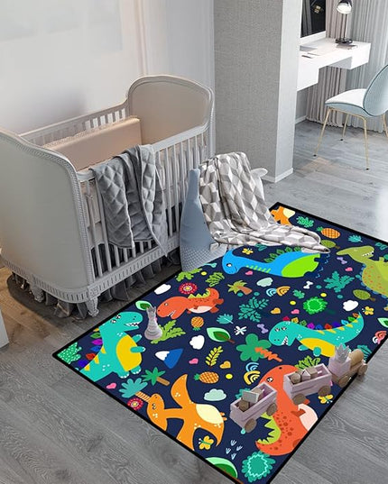 Dinosaur Rugs for Boys Bedroom Cute Dinosaur Area Rug and Leaves Print Dinosaur Rug Kids Rug Play Rug Dinosaur Carpets Cartoon Rug for Playroom Classroom,Blue 4'×5' - LeafyLoom