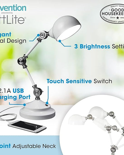 OttLite Pharmacy Adjustable LED Desk Lamp with USB Charging, Prevention Series - Designed to Reduce Eyestrain, 3-Point Adjustable Neck, 3 Brightness Settings with Touch Controls - Office Work, Reading - LeafyLoom