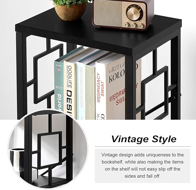 Small Bookshelf, 3 Tier Vintage Industrial Small Bookshelf for Small Spaces, Freestanding Open Shelf Bookcase, Versatile Bookshelf for Home Office, Bedroom & Living Room, Black - LeafyLoom
