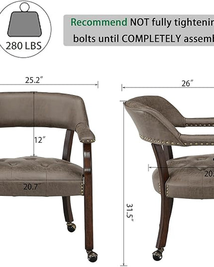 Dining Chairs with Casters and Arms, Accent Kitchen Table Chairs with Wheels, Roller Poker Table Chairs, Wooden Captains Chair, Espresso Legs & Dark Brown SY-318-DK - LeafyLoom