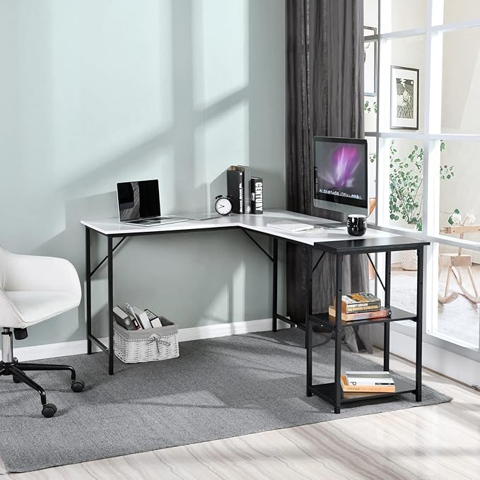 FurnitureR L-Shaped 58.3''Corner Computer Desk with Storage Shelf Long Gaming Desk for Home Office PC Workstation Saving Space Laptop Table (White and Black) - LeafyLoom