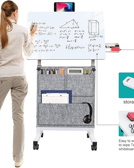 Adjustable Height Standing Desk, Writable Tempered Glass Desktop with Eraser, 360° Flip, Wheels and Bag– Ideal for Small Spaces and Home Offices, 24 in, White(Adjustable Height: 32-47 in) - LeafyLoom