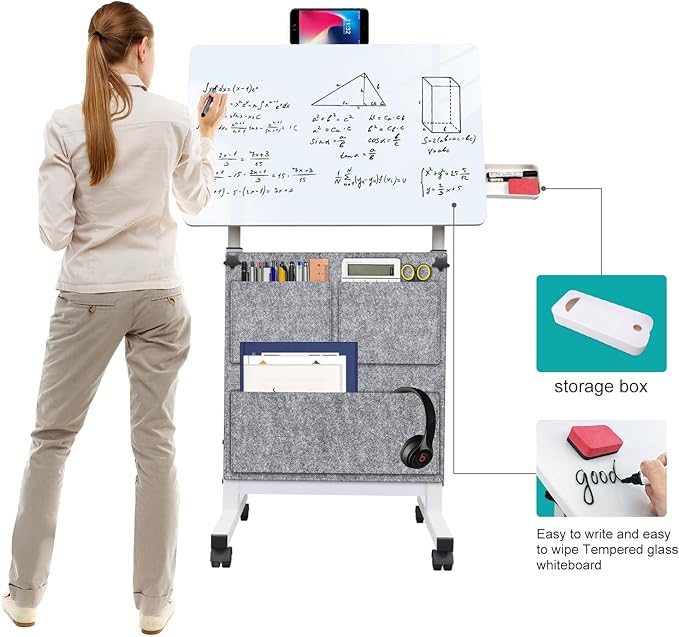 Adjustable Height Standing Desk, Writable Tempered Glass Desktop with Eraser, 360° Flip, Wheels and Bag– Ideal for Small Spaces and Home Offices, 24 in, White(Adjustable Height: 32-47 in) - LeafyLoom