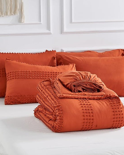 ENJOHOS Queen Comforter Set 7 Piece - Burnt Orange Comforters Queen Size, Queen Bed in a Bag Set, Boho Tufted Bedding Comforter Set with Pom, Lightweight Soft Microfiber Comforter Bed Set - LeafyLoom