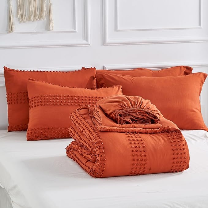 ENJOHOS Queen Comforter Set 7 Piece - Burnt Orange Comforters Queen Size, Queen Bed in a Bag Set, Boho Tufted Bedding Comforter Set with Pom, Lightweight Soft Microfiber Comforter Bed Set - LeafyLoom