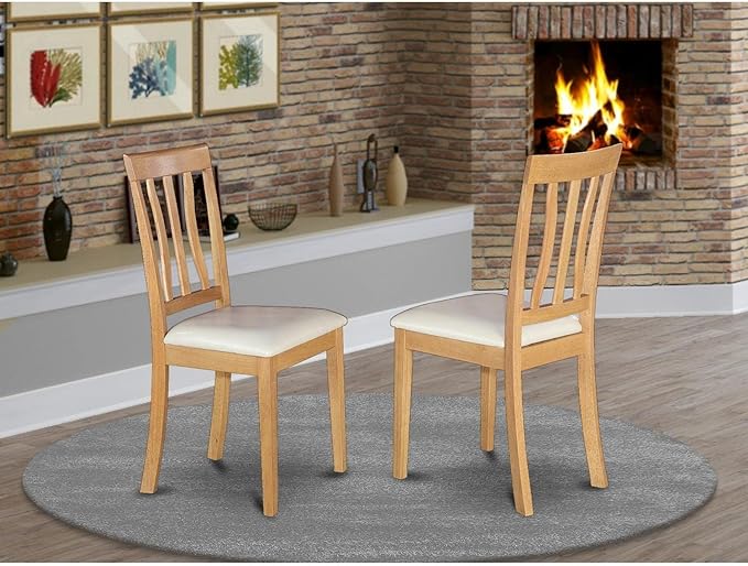 East West Furniture Antique Kitchen Dining Faux Leather Upholstered Wooden Chairs, Set of 2, Oak - LeafyLoom