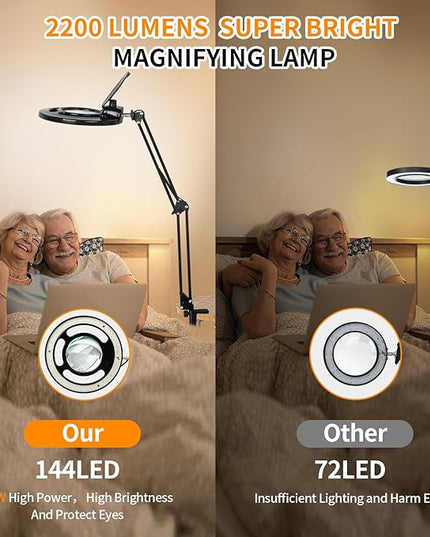 HITTI 10X Long Magnifying Glass with Light and Stand, 2200 Lumens Dimmable Bright LED Lighted Magnifier, Ajustable Swing Arm Magnifying Desk Lamp with Clamp, Hands Free for Hobby Repair Workbench - LeafyLoom