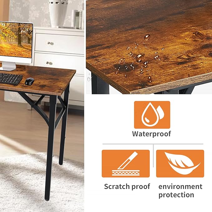TEMI Folding Desk 31.5", Computer Desk for Home Office, Folding Table No Assembly Required, Office Desk for Small Space, Small Desk with Stable Black Frame, Rustic Brown - LeafyLoom