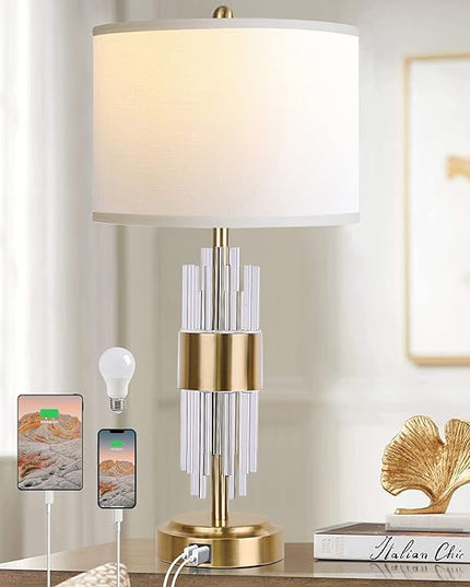 QiMH Gold Table Lamp for Living Room with USB Ports, Bedside Lamps for Bedrooms with Touch Control USB Ports, Modern Nightstand Lamp White Drum Lamp Shade Home Light Decor (2700K LED Bulb Included) - LeafyLoom